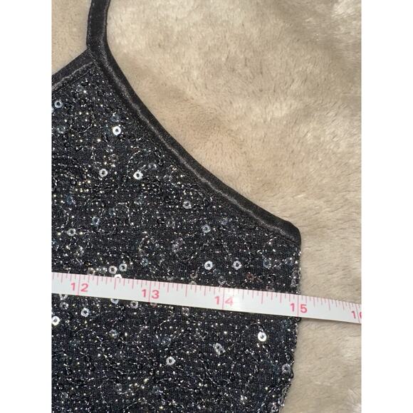 Y2K Express Black Silver Sequin V Neck Cami Spaghetti Strap Glam Club Tank VTG - Picture 5 of 7